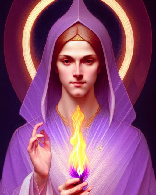 Image similar to symmetry portrait of saint germain holding a violet colored flame, intricate, elegant, highly detailed, digital painting, artstation, concept art, smooth, sharp focus, illustration, art by artgerm and greg rutkowski and fra angelico and alphons mucha