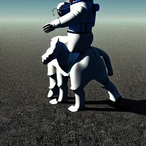 Prompt: an astronaut standing on the ground and a small trippy aggressive centaur standing on that poor little human standing on all fours astronaut, trying to ride it, the centaur is on his shoulders, minimalist style, 3 d render, isometry