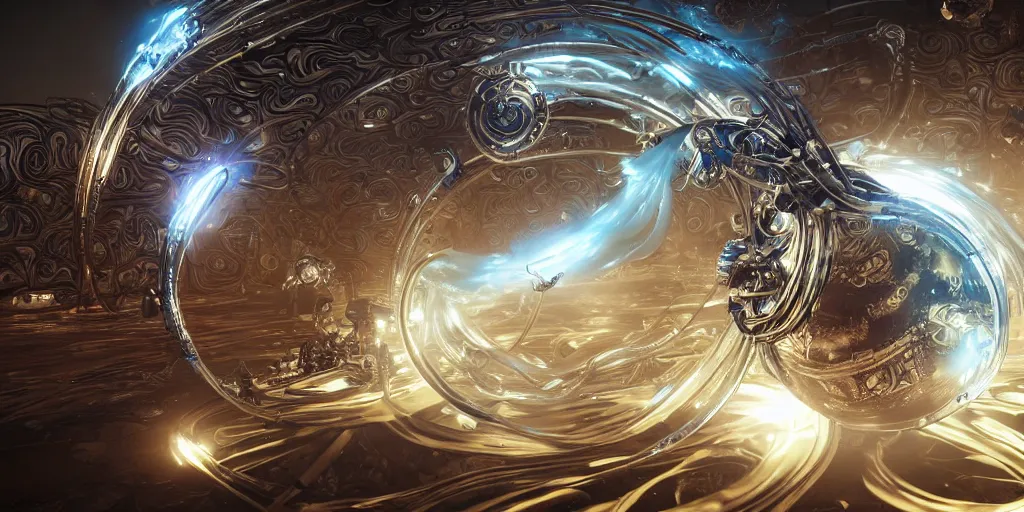 Image similar to swirling abstract cyborg parts and bio - mechanical tendrils and ornate flowing smoke streams and liquid light streaks surround a small metallic sphere, cinematic, unreal engine