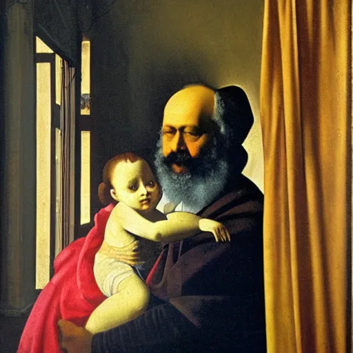 Prompt: Karl Marx as Madonna with child, Renaissance painting, art by Vermeer