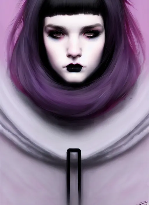 Image similar to portrait of white teenage girl, normal face, black bangs, mall goth, cyberlox, black and white hair, bangs, fluffy bangs, red contacts, purple lipstick, intricate, elegant, highly detailed, digital painting, artstation, concept art, sharp focus, smooth, illustration, art by wlop, mars ravelo and greg rutkowski