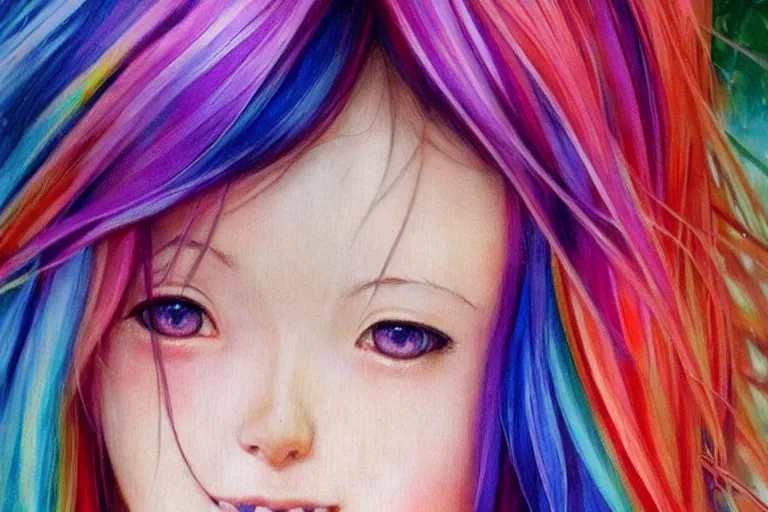 Prompt: Beautiful girl, rainbow hair, symmetrically, smiling, anime style, pixiv, pinterest anime, artist Steve Hanks, artist Alyssa Monks, endless summer art, artist WLOP artstation, artist Mam BA artstation, artist Arata Yokoyama, real photo, very detailed, realistic proportions, knowledge of anatomy, anatomy for beginners, true proportions of the face