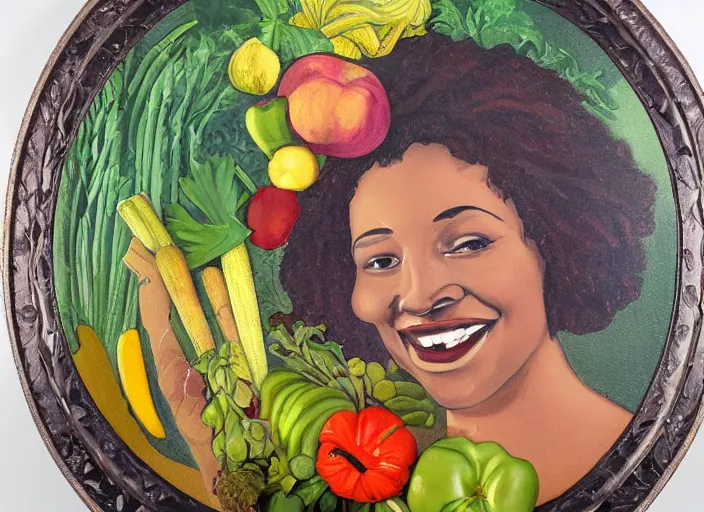 Image similar to an art nouveau oil painting of a beautiful, smiling black woman entirely made from vegetables, flowers and fruits, within a circle