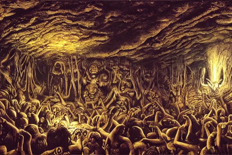 Image similar to stone age rave in a cave, necronom v, painting by h. r. giger