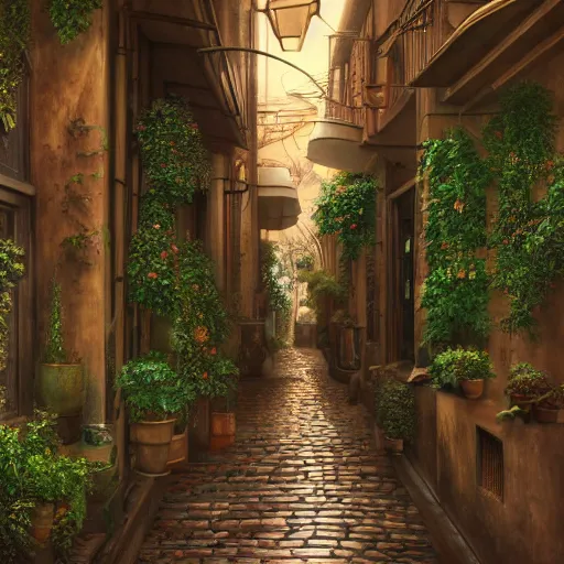 Image similar to a painting of a bronze art-deco alley lined with plants, a detailed matte painting by Anka Zhuravleva, cgsociety, light and space, rendered in unreal engine, artstation hq, artstation hd