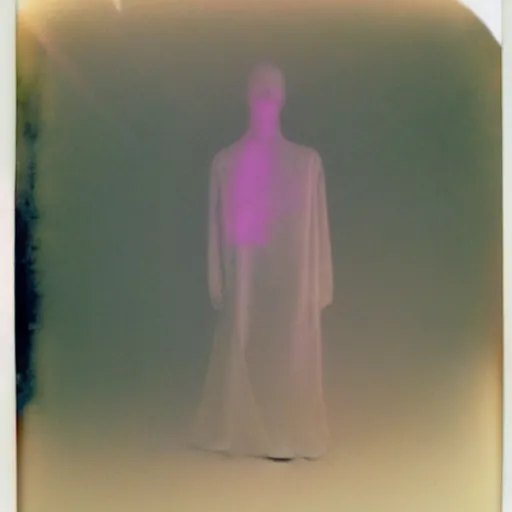 Image similar to coloured atmospheric polaroid photo of a with transparent ghostly banshee corpse body floating in old living room lighted with flashlight interior