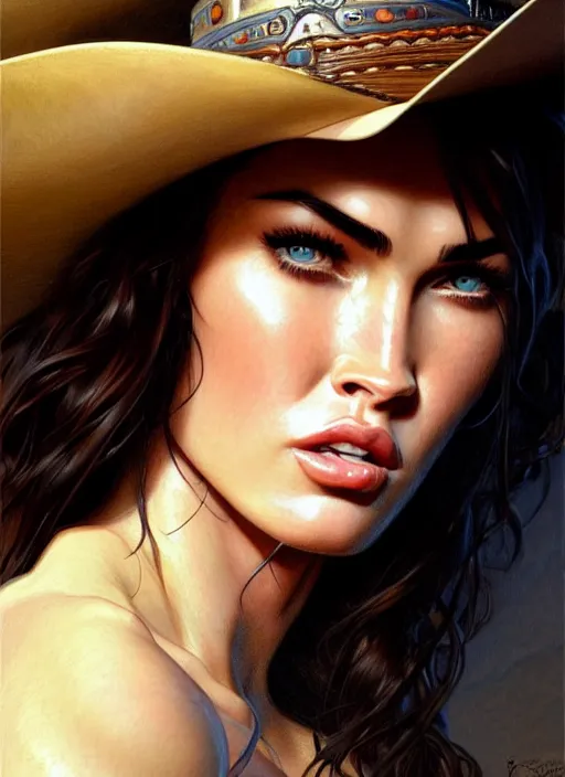 Image similar to portrait of megan fox as cowboy, 1 8 9 0, western, hat, colt, intricate, headshot, highly detailed, digital painting, artstation, concept art, sharp focus, cinematic lighting, illustration, art by artgerm and greg rutkowski, alphonse mucha, cgsociety