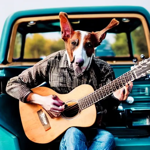 Image similar to A folkpunk brown floppy-eared hound dog playing the guitar in front of a pickup truck