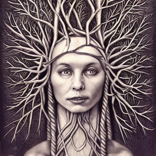 Prompt: priestess wearing a crown of twisting branches by Laurie Lipton