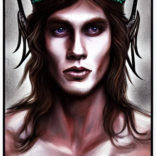 Image similar to demonic portrait of a handsome gorgeous satanic dirty brown haired hippie that looks like cody fern with a straw jawline with long hair past his chest and blue eyes as the human prince of satan and lucifer, wearing a demonic giger royal crown, artstation