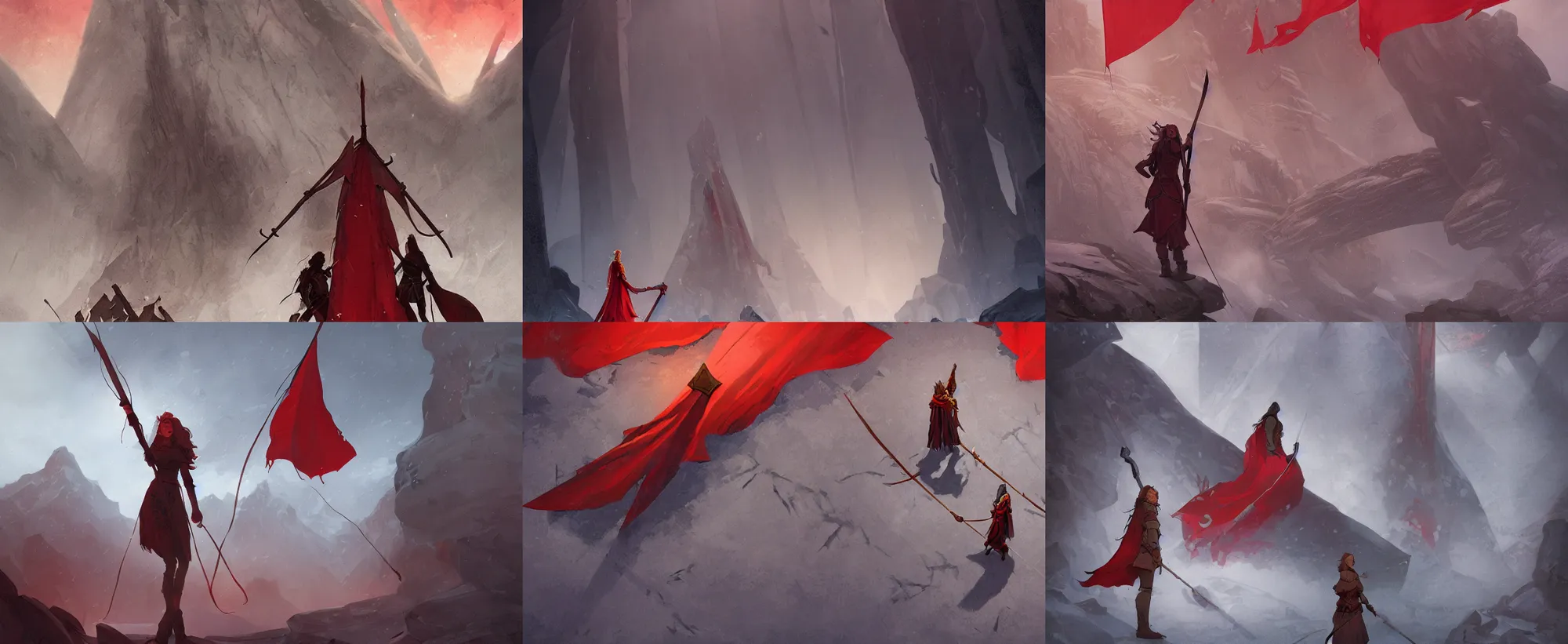 Prompt: Alette from Banner Saga standing in front of giant a rune stone, holding an extremely long red banner, nordic, epic, melancholic, perfect face, concept art, illustration, cover art, art by Greg Rutkowski