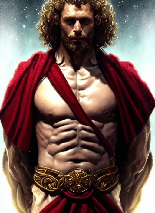 Prompt: Portrait of a man, curly hair, Sith, evil! muscular, robes! night!! intricate, elegant, highly detailed, digital painting, artstation, concept art, smooth, sharp focus, illustration, art by artgerm and greg rutkowski and alphonse mucha