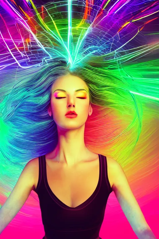 Prompt: a award winning half body portrait of a beautiful woman with stunning eyes in a croptop and leggings with rainbow colored ombre hairstyle head in motion and hair flying while dancing by thomas danthony, surrounded by whirling illuminated lines, outrun, vaporware, shaded flat illustration, digital art, trending on artstation, highly detailed, fine detail, intricate