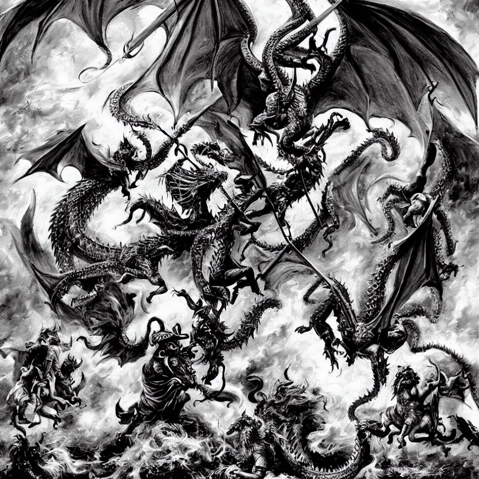 Image similar to There was war in heaven, Michael and his angels fought against the dragon, and the dragon fought and his angels, and prevailed not, neither was their place found any more in heaven. And the great dragon was cast out, that old serpent, called the Devil, and Satan, which deceived the whole world, he was cast out into the earth, and his angels were cast out with him. Acrylic on Canvas.
