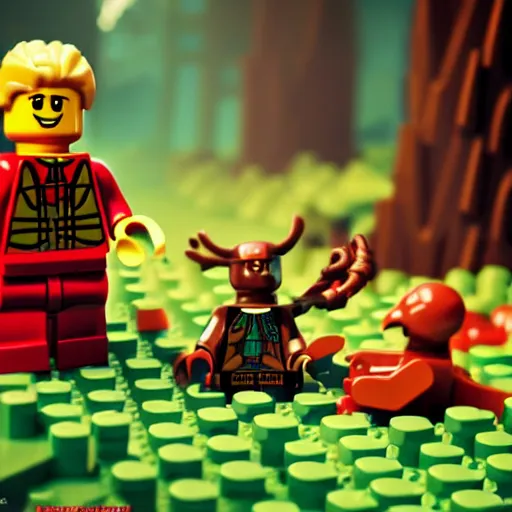Prompt: image of a lego minifigure saving a small lego creature made of individual bricks in a colorful forest, concept art, seen from top down perspective, video game world, dynamic lighting, artstation, poster, volumetric lighting, 8 k, award winning