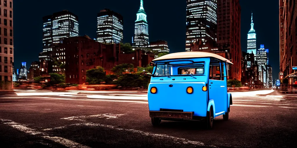 Image similar to an open frame blue tuk tuk going through a desolate manhattan city street at night, statue of liberty seen in the background, realistic 4 k octane beautifully detailed render, 4 k post - processing, highly detailed, detailed face, intricate complexity, epic composition, magical atmosphere, cinematic lighting, masterpiece, color picture, ultra hd