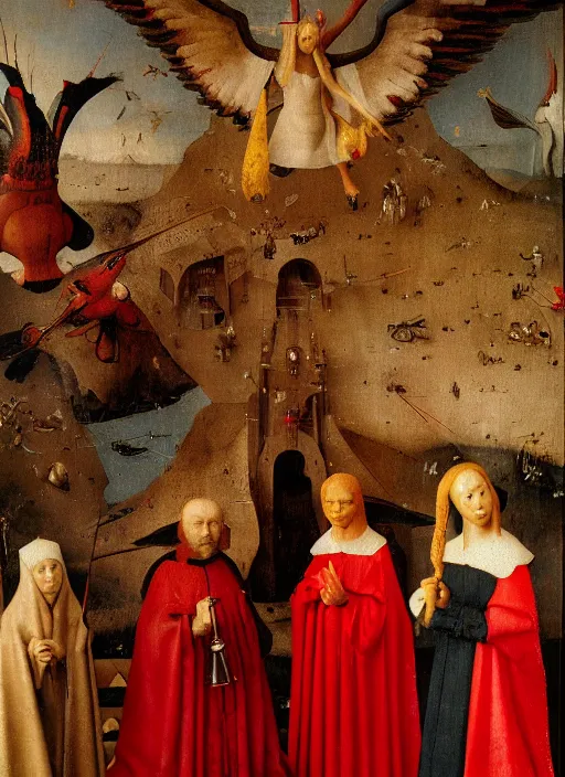 Image similar to fallen angels dressed in red with wings by Jan van Eyck, Hieronymus Bosch, Johannes Vermeer 4k post-processing, highly detailed medieval painting