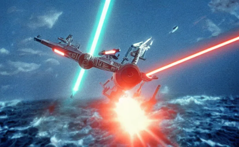 Prompt: iconic cinematic screenshot of an x wing above the ocean, scene from the 1 9 7 0 s star wars sci fi film by stanley kubrick, glowing lasers, kodak film stock, anamorphic lenses 2 4 mm, lens flare, iconic cinematography, award winning