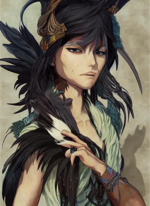 Prompt: concept art painting of an androgynous harpy with black feathers, pirate clothes, detailed, realistic, cel shaded, in the style of makoto shinkai and james gurney and alphonse mucha and greg rutkowski and artgerm