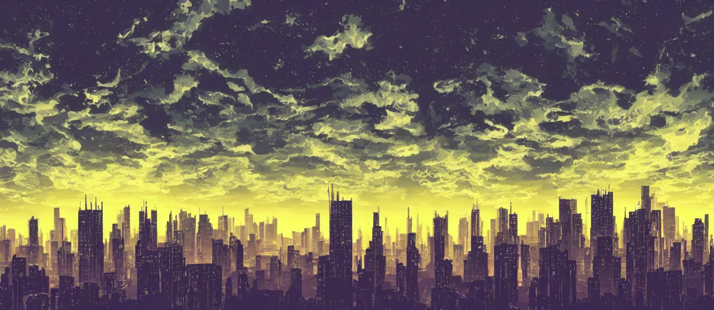Prompt: Wide shot of a silhouette watching a sci-fi city with abstracts clouds over skyscrapers, night time, 2D, 8bits graphics, SNES game style, heavy colors compression, low saturation, very noisy, gradient, low contrast, light displacement, weird space, crushed quality