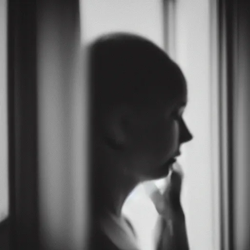 Image similar to black and white photograph portrait of a depressed 35 years old woman standing by the window, natural light, lomo, fashion photography, film grain, soft vignette, sigma 85mm f/1.4 1/10 sec shutter