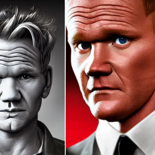 Image similar to gordon ramsay and neil patrick harris, focused, mugshots, photoshoot, sharp details, face photo, face details sharp, by donato giancola and greg rutkowski and wayne barlow and zdzisław beksinski, eyeballs, product photography, action figure, sofubi, studio lighting, colored gels, colored background,