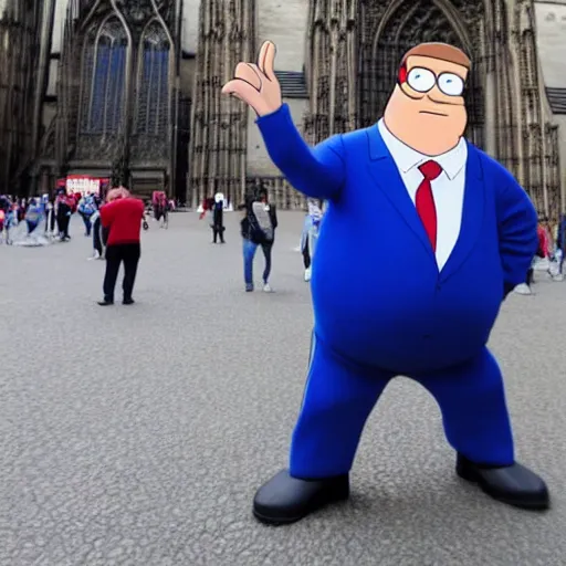 Image similar to Peter griffin in front of koln cathedral, he is dancing and doing the griddy