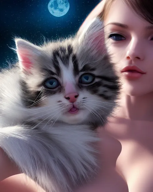 Image similar to a kitten on a rocket, photo, ultra detail, photoreal, professionally retouched, soft moonlight lighting, shiny plastic bikini, realistic, smooth face, goddess, luscious lips, perfect eyes, wide angle, sharp focus on eyes, 8 k high definition, insanely detailed, intricate, elegant, art by artgerm and wlop
