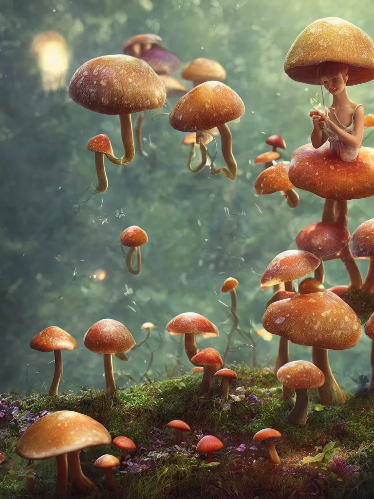 Prompt: fairy's dance in delight around a complex engine creating mushrooms, by viktoria gavrilenko, octane render, 8 k, beautifully lit