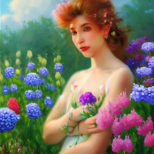 Image similar to a portrait of a romantic woman with flowers grow out of hair, roses peonies forget-me-nots dahlias lupins gladioli, sky theme in background, by Alexandr Averin, Digital Art, Trending on artstation