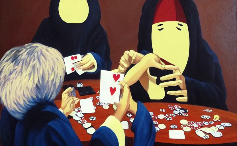 Prompt: no face from spirited away playing poker, oil painting