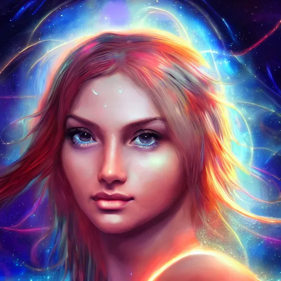 Image similar to highly detailed close up portrait of a celestial girl with a body made of cosmic energy, space background, character art, studio lightning, bright colors, intricate, masterpiece, photorealistic, hiperrealistic, sharp focus, high contrast, Artstation HQ, DeviantArt trending, 4k UHD, Unreal Engine 5