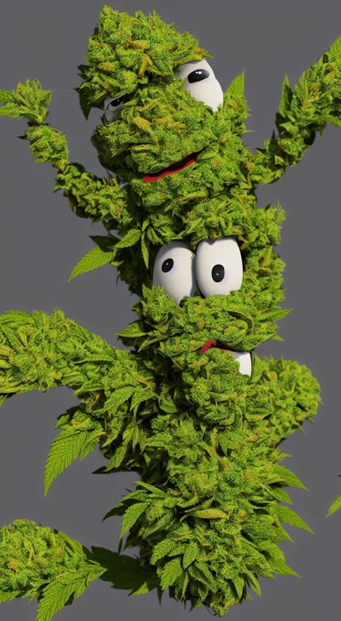 Prompt: funny marijuana character made from a bud, like iamgrout, in an 8k render, photorealistic, with high detail, rendering with octane + ray tracing - illumination, very sharp, ultra sharp, focused