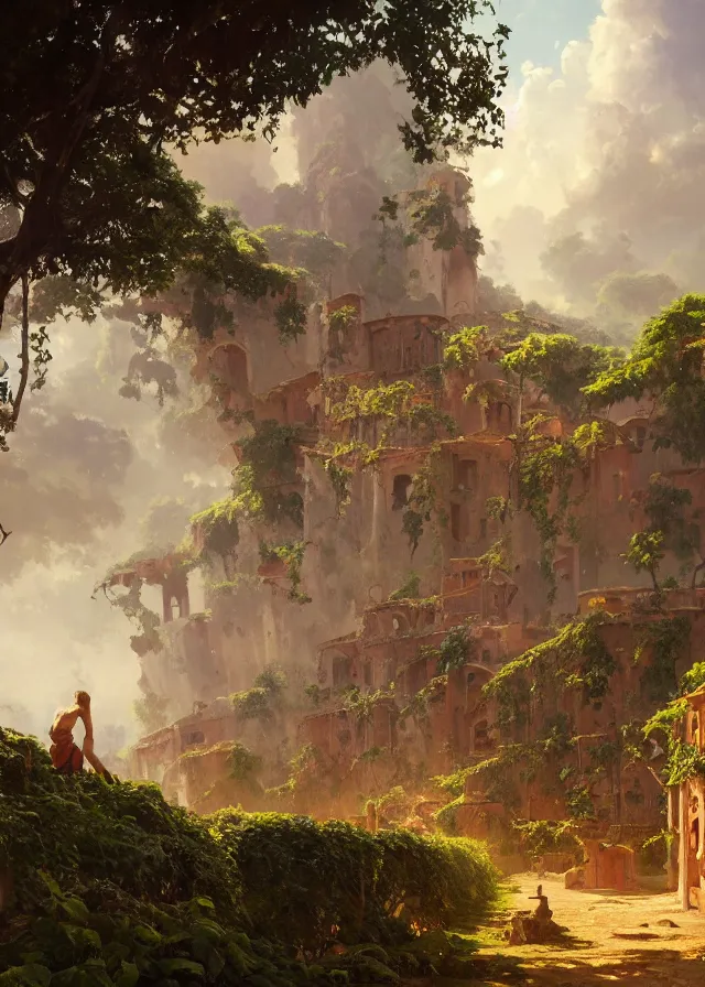 Prompt: land of ruins, sweltering heat, vines, extremely detailed oil painting, unreal 5 render, rhads, sargent and leyendecker, savrasov levitan polenov, bruce pennington, studio ghibli, tim hildebrandt, digital art, landscape painting, octane render, beautiful composition, trending on artstation, award winning photograph, masterpiece