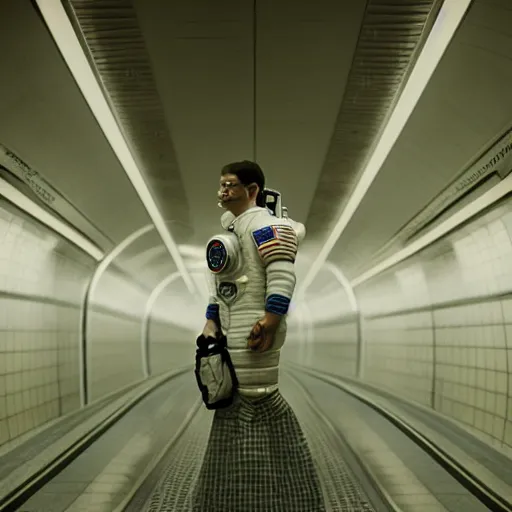 Prompt: a beautiful photo of an astronaut waiting in a subway, 1970', soft light, morning light, photorealistic, realistic, octane, 8k, cinematic shot