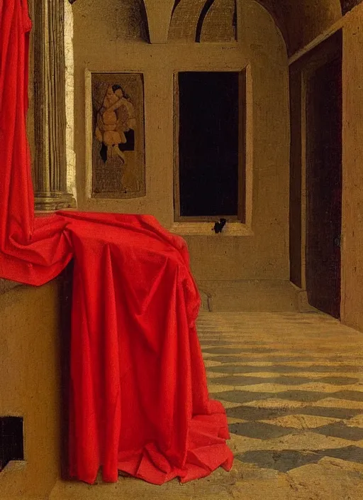 Prompt: red cloth of the floor, medieval painting by jan van eyck, johannes vermeer, florence