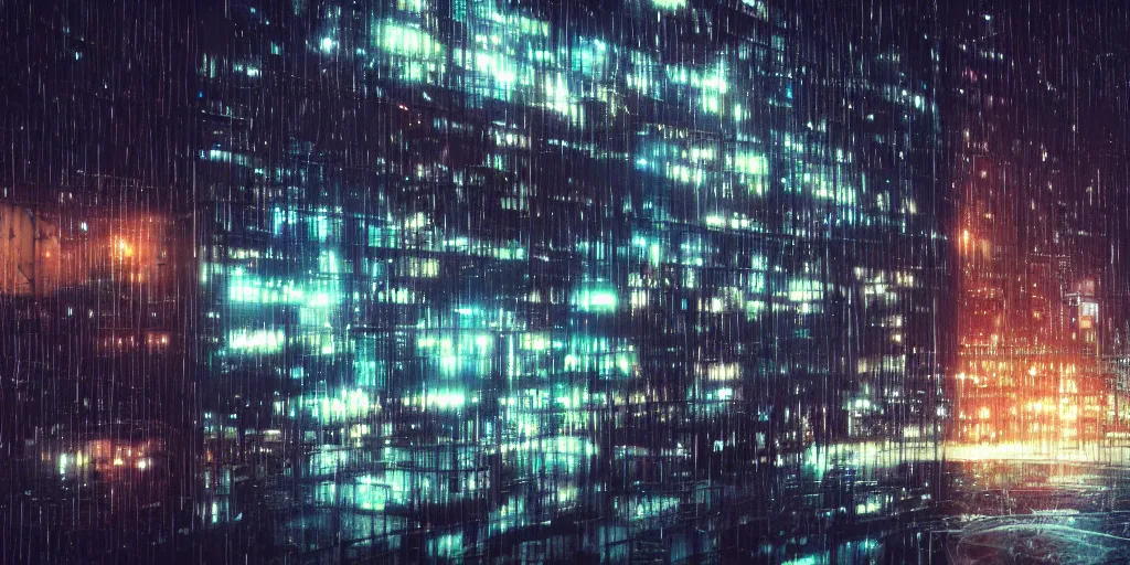 Image similar to a beautiful photo of a scifi scity at night seen behind a large windowpane with rain drops on it, cinematic, high definition, 8k, octane render, trending on artstation