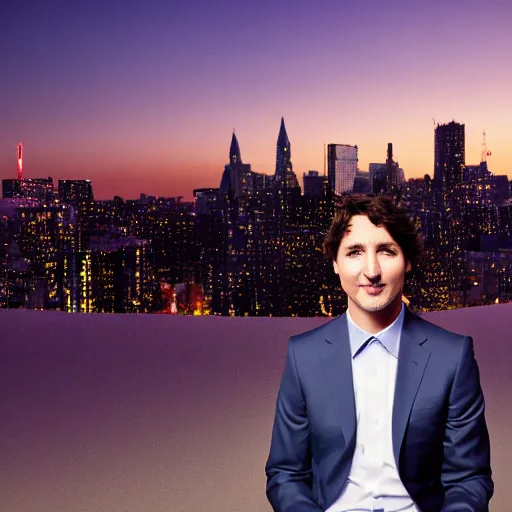 Image similar to a still of Justin Trudeau. He's wearing a dark suit. Studio lighting, Close. shallow depth of field. Professional photography City at night in background, lights, colors,4K