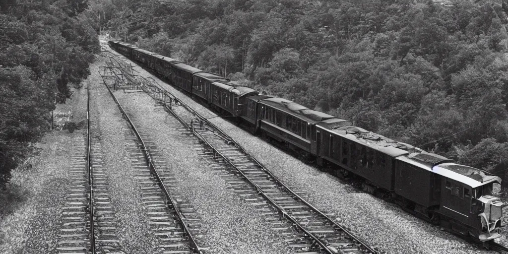 Image similar to detailed sharp photograph in the style of popular science circa 1 9 5 5 and gregory crewdson of a 1 9 5 0 s railroad crossing cars waiting as black steam locomotive crossing