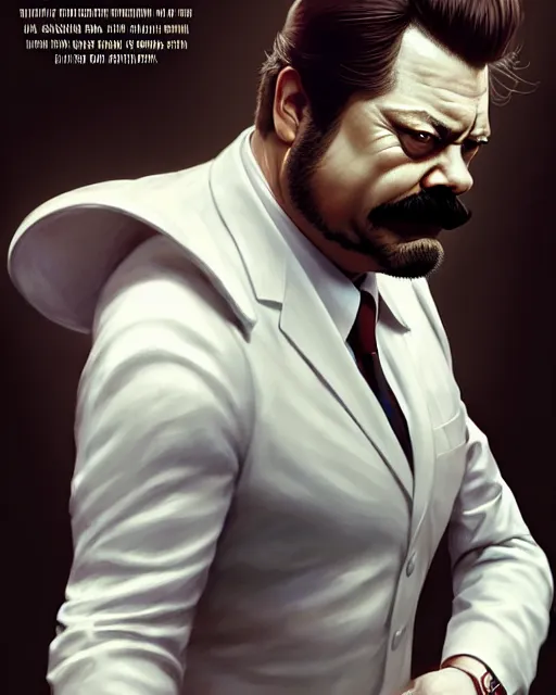 Prompt: gigachad luigi fighting like ron swanson in a white suit, fantasy character portrait, ultra realistic, concept art, intricate details, highly detailed by greg rutkowski, ilya kuvshinov, gaston bussiere, craig mullins, simon bisley