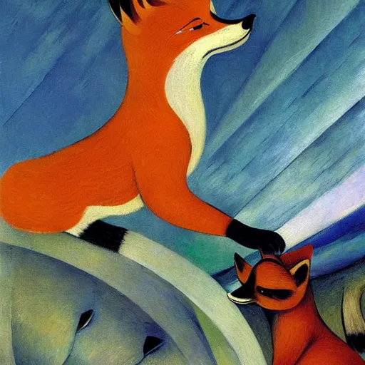 Image similar to an oversized fox with a saddle on its back, being ridden by a raccoon, digital art, furry art, glowing with silver light, painting by franz marc, by jean - leon gerome, by winsor mccay, today's featured photograph, 1 6 k, character design, realistic, detailed