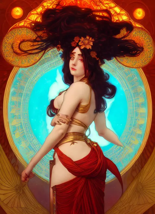 Image similar to the goddess hestia, hair of fire, full body, steampunk, glowing eyes, volumetric lights, red and cyan theme, art nouveau botanicals, intricate, highly detailed, digital painting, artstation, concept art, smooth, sharp focus, cinematic, illustration, beautiful face, art by artgerm and greg rutkowski and alphonse mucha