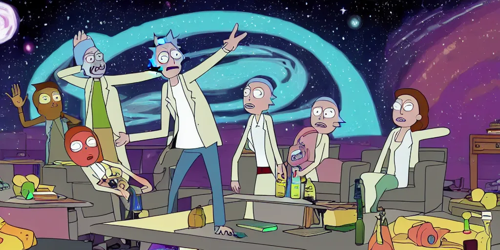 Image similar to sky, stars, galaxy, rick and morty playing harry potter