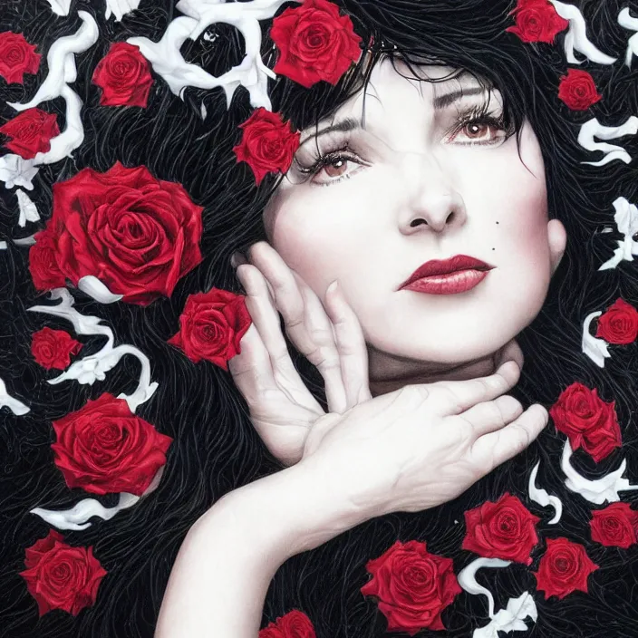 Image similar to portrait of kate bush against a red velvet background, lush black hair, pale skin, white roses, flowing material, intricate, beautiful cinematic lighting, stuning painting by artgerm and android jones