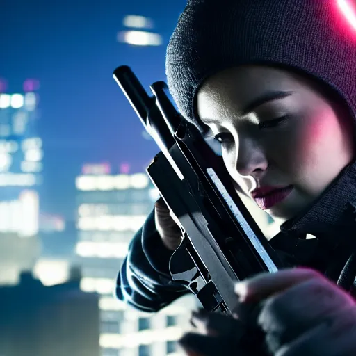 Image similar to photographic portrait of a techwear woman holding a shotgun, closeup, on the rooftop of a futuristic city at night, sigma 85mm f/1.4, 4k, depth of field, high resolution, 4k, 8k, hd, full color, Die Hard, movies with guns, movie firearms