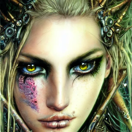 Prompt: an award finning closeup facial portrait by luis royo and john howe of a very beautiful and attractive female bohemian cyberpunk traveller of 1 9 years of age with green eyes and her face full of freckles, clothed in excessively fashionable haute couture musicians gear and wearing vibrant and ornate half - face makeup