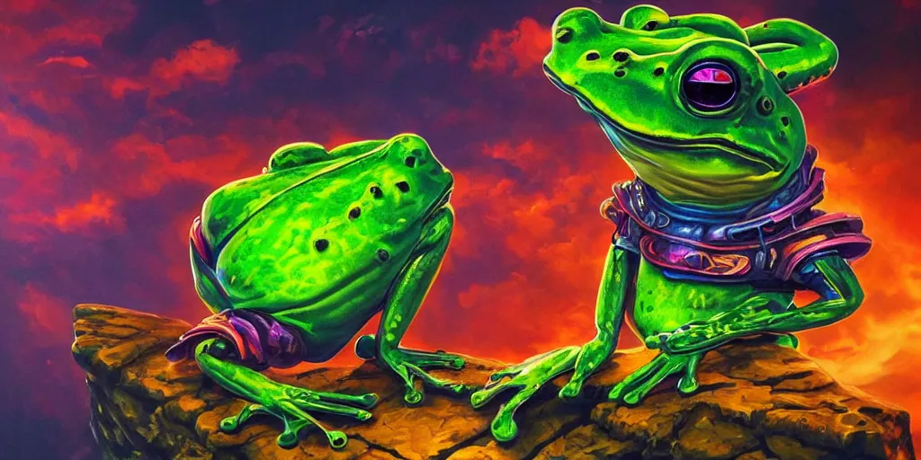 Prompt: [ style ] [ oil painting ] [ palate ] [ vibrant gothic colors ] 👾 👽 anthropomorphic frog samurai, vibrant neon nebulous clouds, radiant light rays, photorealistic painting, intricate and fine details, volumetric lighting, artstation, symmetrical details,