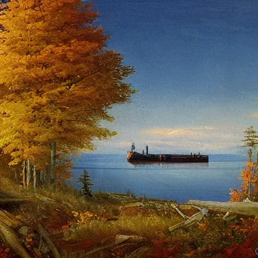 Image similar to Lake Superior in Autumn, Freighter ship in distance, landscape, beautiful artwork by ivan shishkin