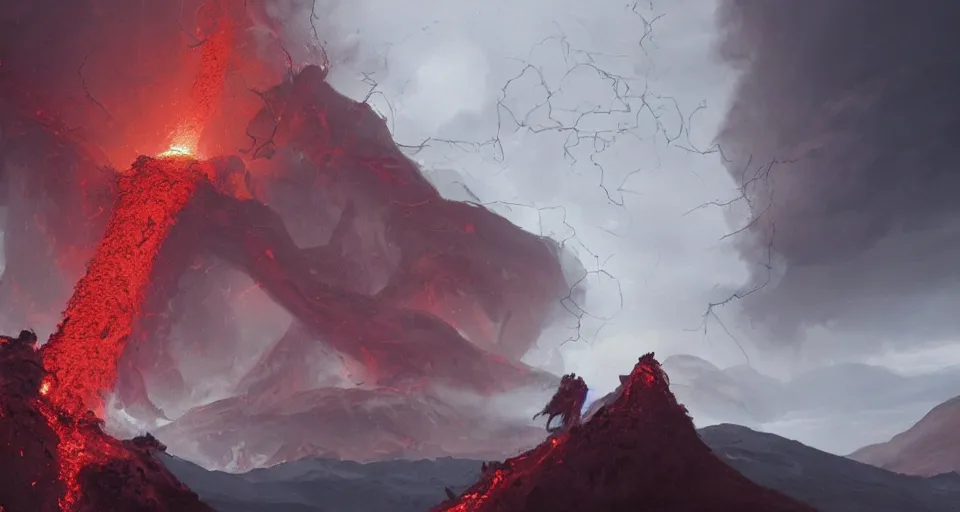 Prompt: a volcano made of ivory vines and crimson rocks enters in eruption, it spits a smoke in the shape of demonic eye, by Greg Rutkowski