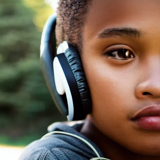 Prompt: multiracial teenager wearing headphones looking bored, natural light, magazine photo, 5 0 mm lens